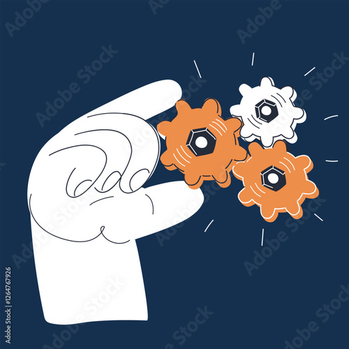 Cartoon vector illustration of a hand holding gears, symbolizing teamwork, problem-solving, and the mechanics of success over dark background