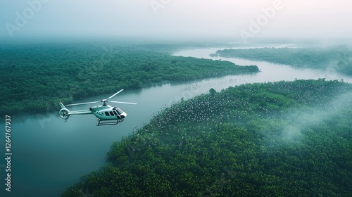 Helicopter Flight Over Misty River and Lush Green Forest