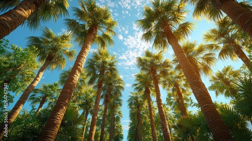 Lush palm trees reaching towards a bright blue sky with scattered clouds in a tropical setting