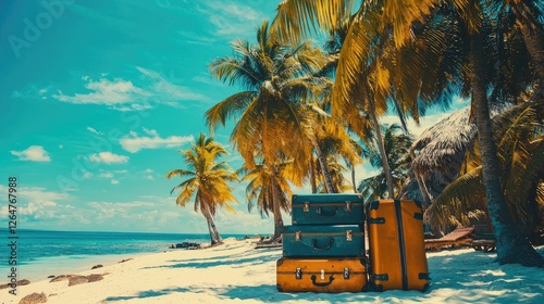 Luggage resting on a serene beach surrounded by palm trees under a bright blue sky