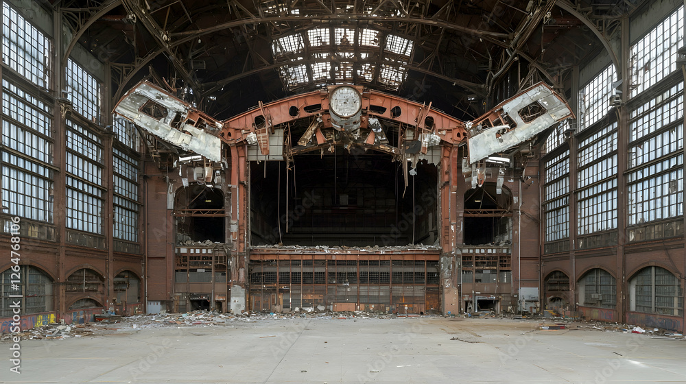 Ruined interior of a grand hall, debris scattered, natural light from high windows, showcasing urban decay; ideal for post-apocalyptic or historical themes Ruined interior of a grand hall, debris scattered, natural light from high windows, showcasing urban decay; ideal for post-apocalyptic or historical themes