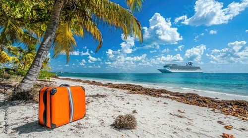 Bright orange suitcase on sandy beach with palm trees, cruise ship sailing in the background
