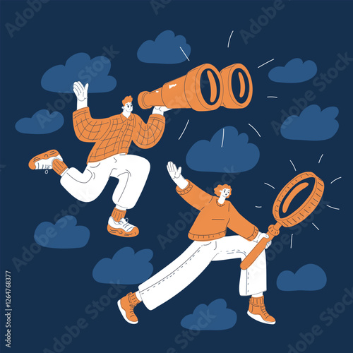 Cartoon vector illustration of people floating, using binoculars and magnifying glasses, symbolizing curiosity and the pursuit of knowledge over dark background