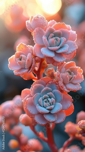 Close-up of vibrant succulent flowers glistening with dew in a serene garden at sunrise