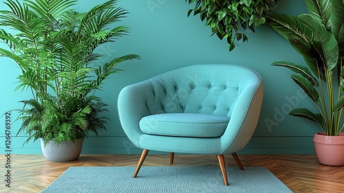 Cozy turquoise armchair in a stylish interior with lush greenery and wooden flooring