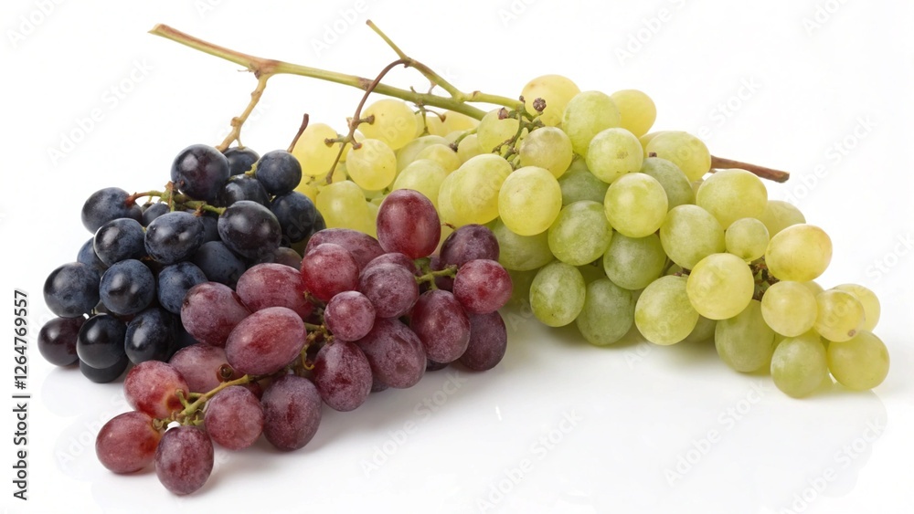 Vibrant Grape Trio: Clusters of red, green, and dark purple grapes, still attached to their stems, create a visually appealing display of nature's bounty.