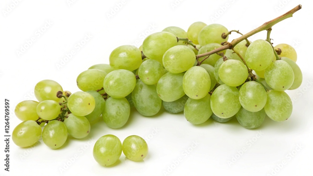 Green Grapes Delight: A lush bunch of green grapes, plump and juicy, rests on a surface, a few loose grapes scattered nearby, highlighting their freshness and vibrant color. Green Grapes Delight: A lush bunch of green grapes, plump and juicy, rests on a surface, a few loose grapes scattered nearby, highlighting their freshness and vibrant color.