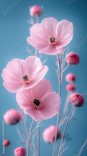 Delicate pink flowers with buds against a soft blue background, creating a serene atmosphere