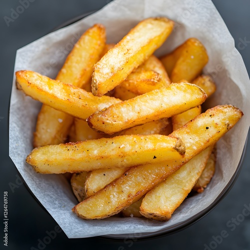 Crispy seasoned fries in bowl, dark background, restaurant menu use photo