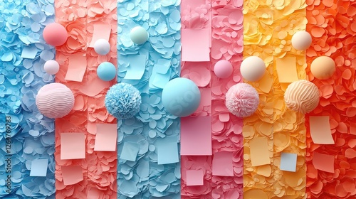 Colorful abstract composition of spheres and petals in pastel shades, creating a vibrant backdrop