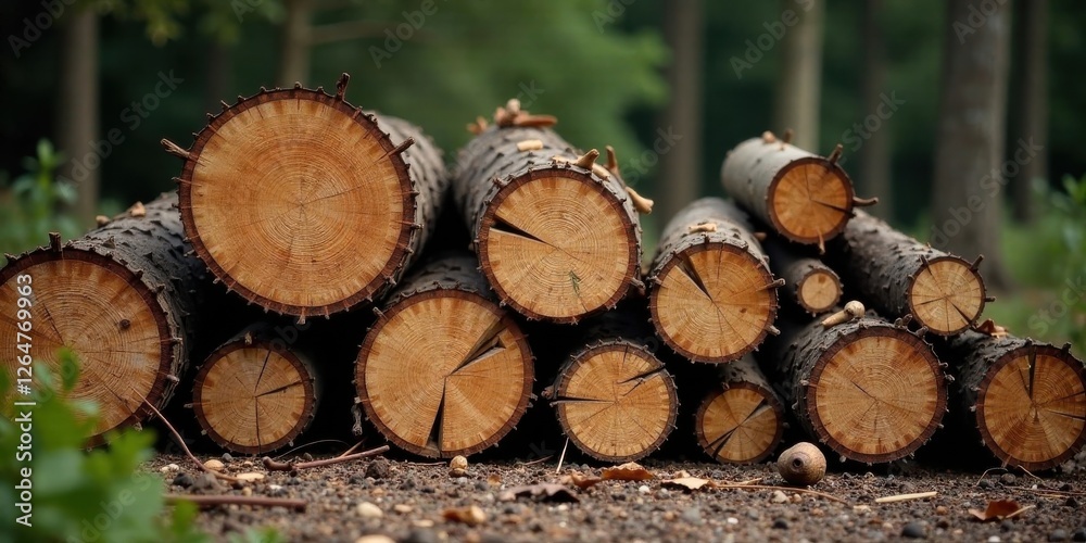 A stack of freshly cut tree trunks rests on the forest floor, their concentric rings visible, showcasing the natural beauty of wood A stack of freshly cut tree trunks rests on the forest floor, their concentric rings visible, showcasing the natural beauty of wood