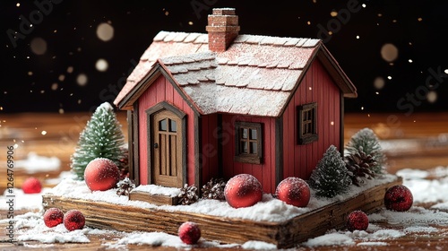 A charming miniature red holiday house adorned with snow, surrounded by festive decorations and trees