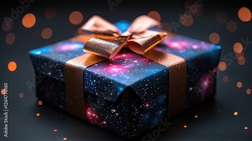 A beautifully wrapped gift box adorned with a shiny bow, set against a blurred cosmic background
