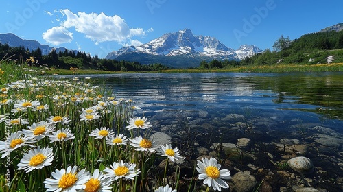 Scenic view of a tranquil lake surrounded by wildflowers and majestic mountains under a clear sky