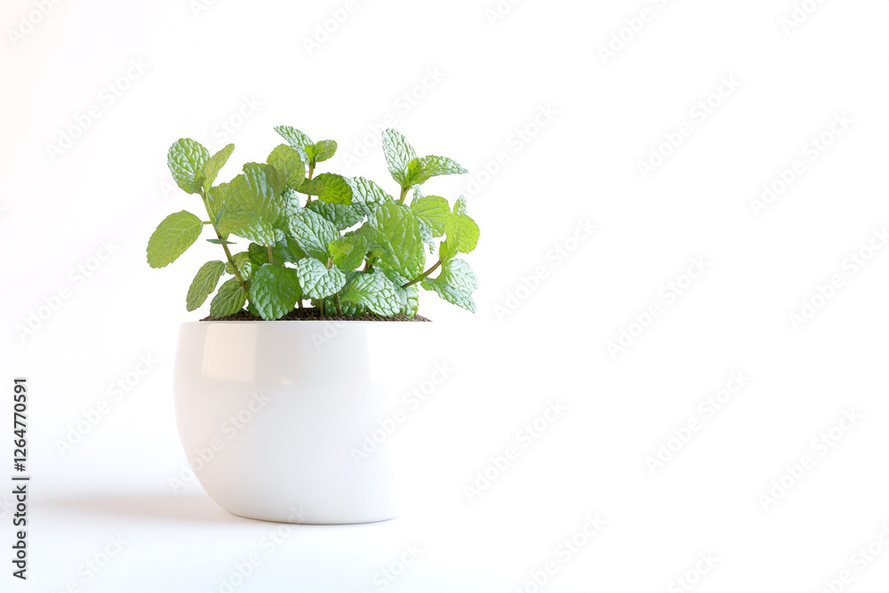 Fresh mint in modern white pot on white background. Concept of organic healthy herbs, kitchen herbs, home gardening, slowly life, and natural culinary ingredients for healthy cooking. Copy space Fresh mint in modern white pot on white background. Concept of organic healthy herbs, kitchen herbs, home gardening, slowly life, and natural culinary ingredients for healthy cooking. Copy space