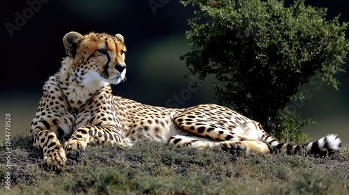 Cheetah resting on a rocky outcrop in a serene savannah landscape with greenery in background