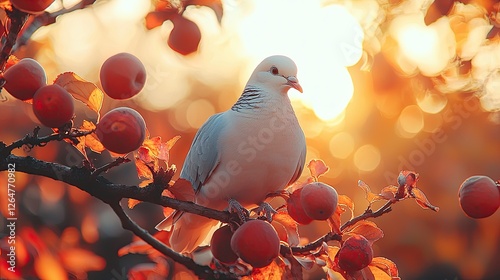 A serene white dove perched on a branch surrounded by vibrant autumn apples at sunset