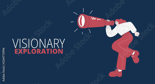 Cartoon vector illustration of a woman sprinting with a spyglass, symbolizing discovery, adventure, and the search for new horizons over dark background