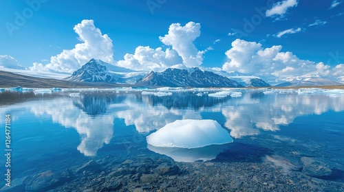Serene glacial landscape with icebergs reflecting in calm waters under a blue sky