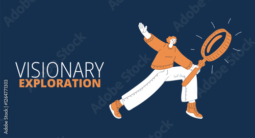 Cartoon vector illustration of a woman with a magnifying glass, representing inquiry, exploration, and keen observation over dark background