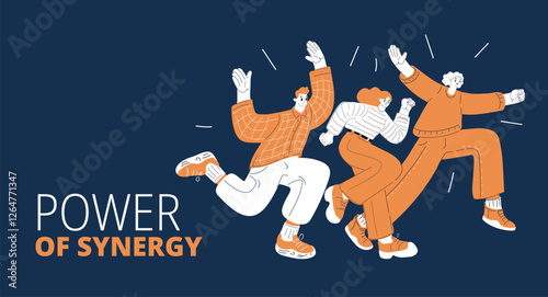 Cartoon vector illustration of excited men and women sprinting with arms raised, symbolizing success, celebration, and accomplishment over dark background