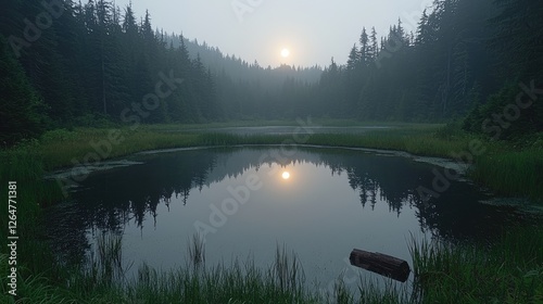 Serene sunrise over a tranquil lake surrounded by dense forest, reflecting nature's calmness