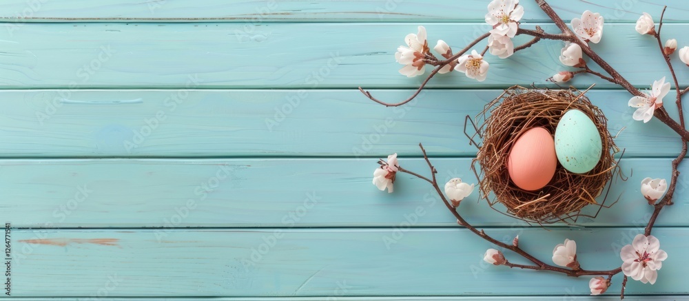Pastel eggs in bird nest with spring blossoms on blue wood. (1)
