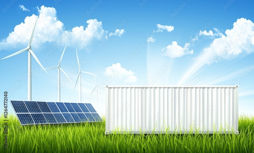 Photorealistic Image of White Storage Container Against Green Grass with Wind Turbines and Solar Panels Photorealistic Image of White Storage Container Against Green Grass with Wind Turbines and Solar Panels