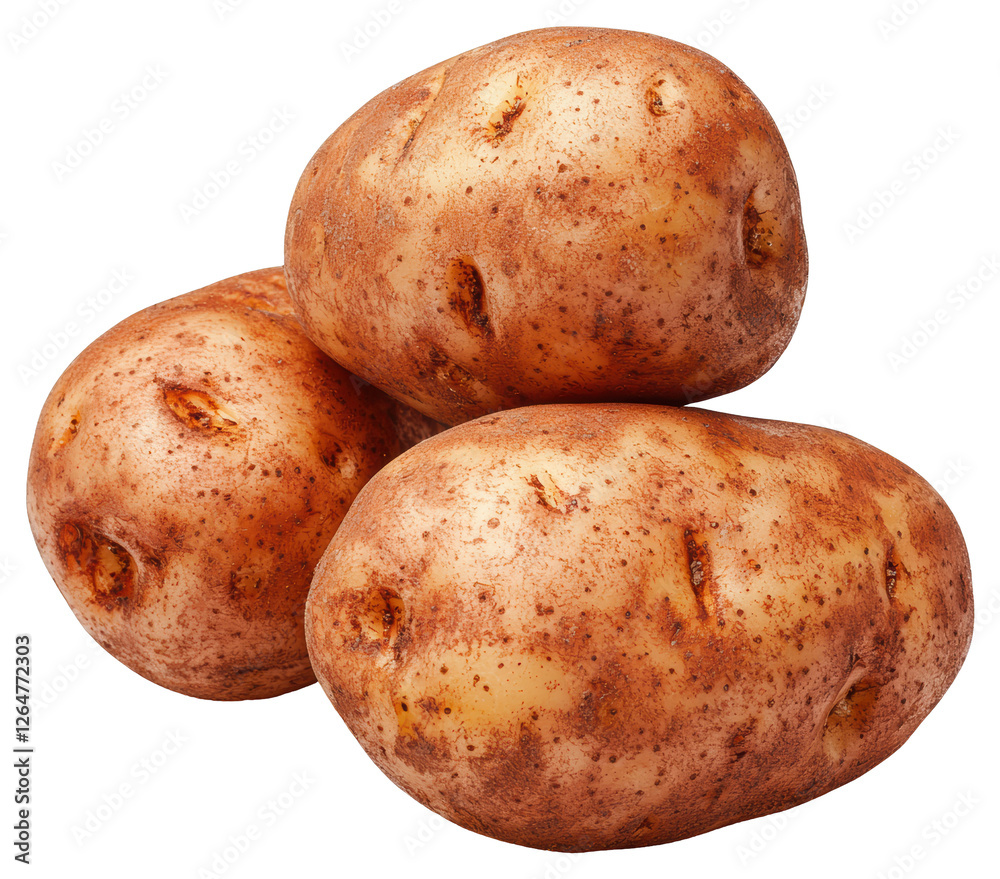 Stack of Three Brown Potatoes with Bumpy Skin in Natural Light on Transparent Background Stack of Three Brown Potatoes with Bumpy Skin in Natural Light on Transparent Background