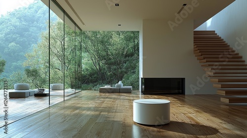 Modern minimalist living room with large glass windows overlooking a lush green forest landscape