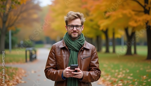 Young man enjoying autumn colors while using his smartphone in the park