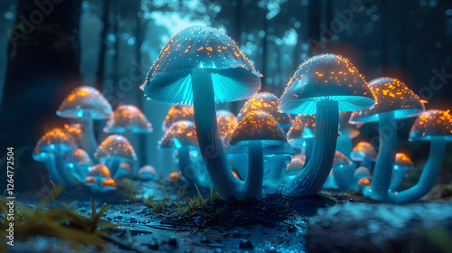 Luminous Fungi Forest: A mesmerizing cluster of glowing fungi in a dark forest, a magical and mysterious scene, illuminating the natural world with an ethereal light, evoking wonder and fantasy.