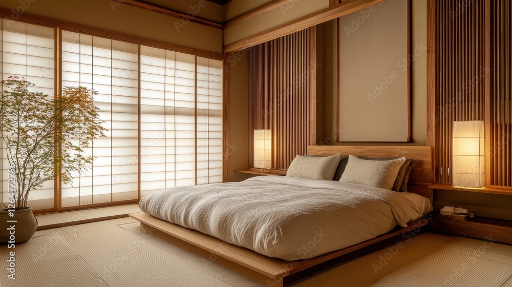 Fototapeta premium Beautiful minimalist bedroom with shoji screens and a plant
