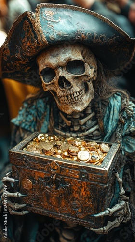 A pirate skeleton holding a treasure chest filled with coins at a festive gathering