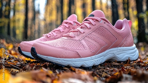 A close-up view of pink athletic shoes resting on autumn leaves in a tranquil forest setting
