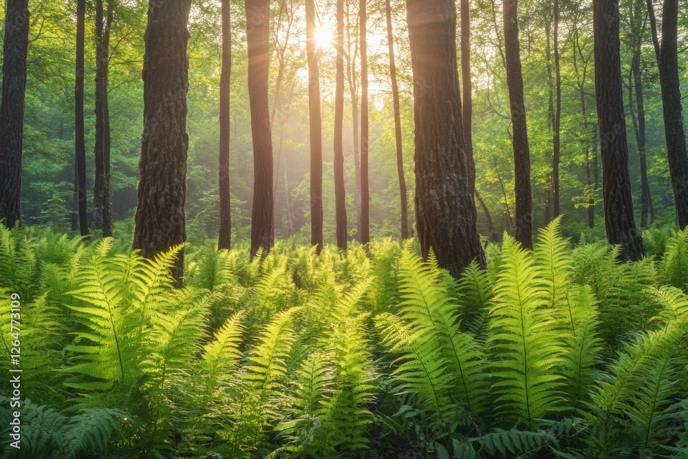 Fototapeta premium Nature's tranquil sanctuary with tall ferns, sunbeams filtering through the trees.