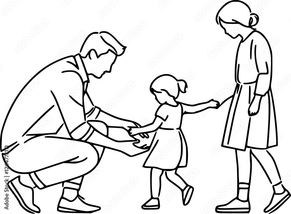 A black and white line art illustration of a father and child. A black and white line art illustration of a father and child.