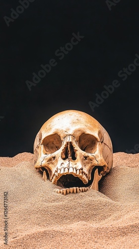 A human skull partially buried in sand, illuminated against a dark background, evoking mystery