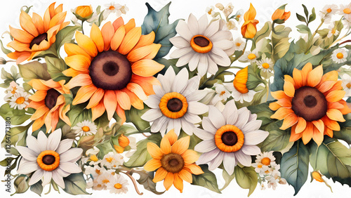 A seamless watercolor pattern featuring vibrant sunflowers and delicate white daisies.