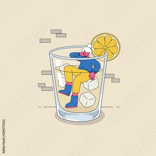 Woman Relaxing in a Glass of Refreshing Drink with Lemon Slice