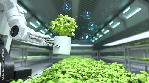 Robotic arm lifting vegetable pot with digital display, Automated farming
