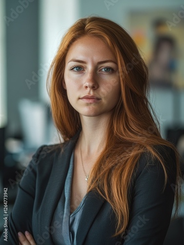 Wallpaper Mural Elegant red-haired woman in a suit, standing confidently with hands clasped. Torontodigital.ca