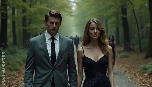 Elegant couple strolls through a tranquil forest during a gathering
