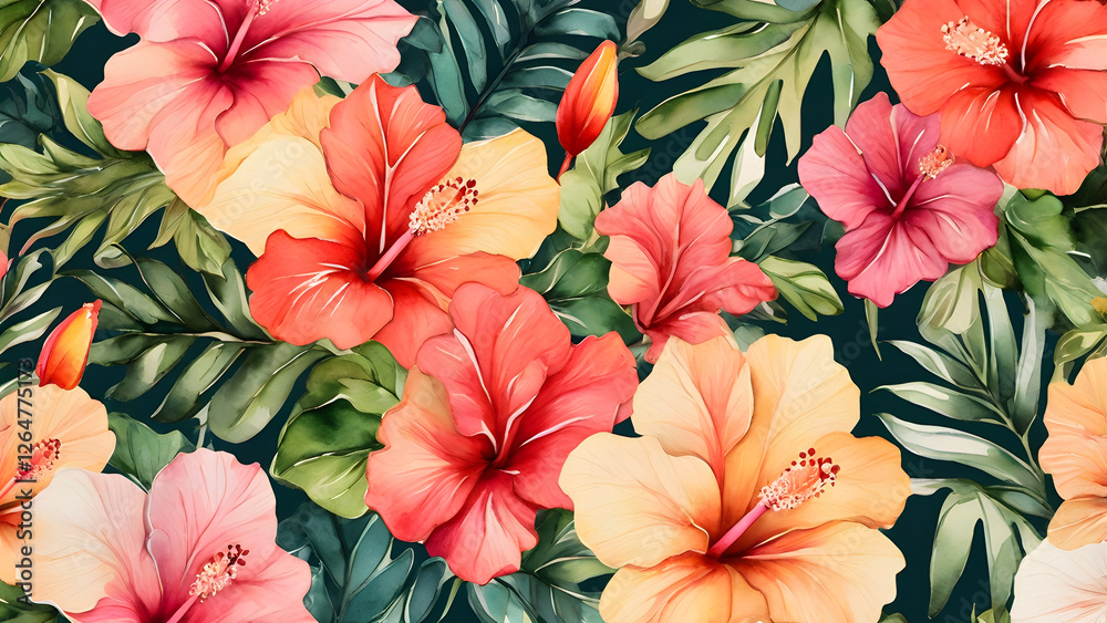 custom made wallpaper toronto digitalA floral pattern with a tropical aesthetic, featuring bold, saturated colors.