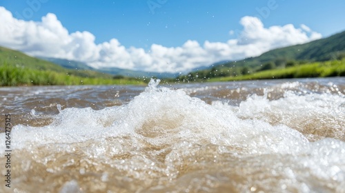 River rapids, mountain background, natural water flow, scenic nature, outdoor photography
