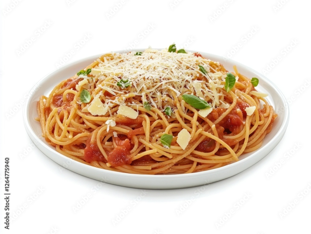 A delightful serving of spaghetti with tomato sauce and grated cheese, presented on a white plate with garnish. A delightful serving of spaghetti with tomato sauce and grated cheese, presented on a white plate with garnish.