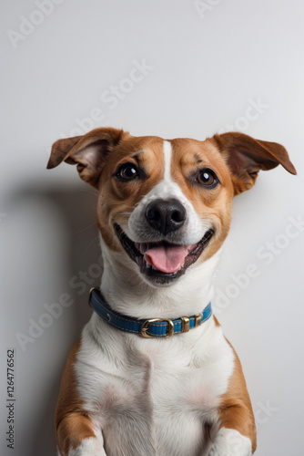 Closeup portrait of Jack Russell Terrier dog laying on back with paws up, isolated on light grey background
