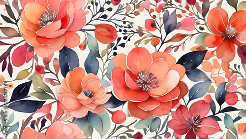 A seamless watercolor pattern featuring delicate pink and orange flowers with lush green leaves.