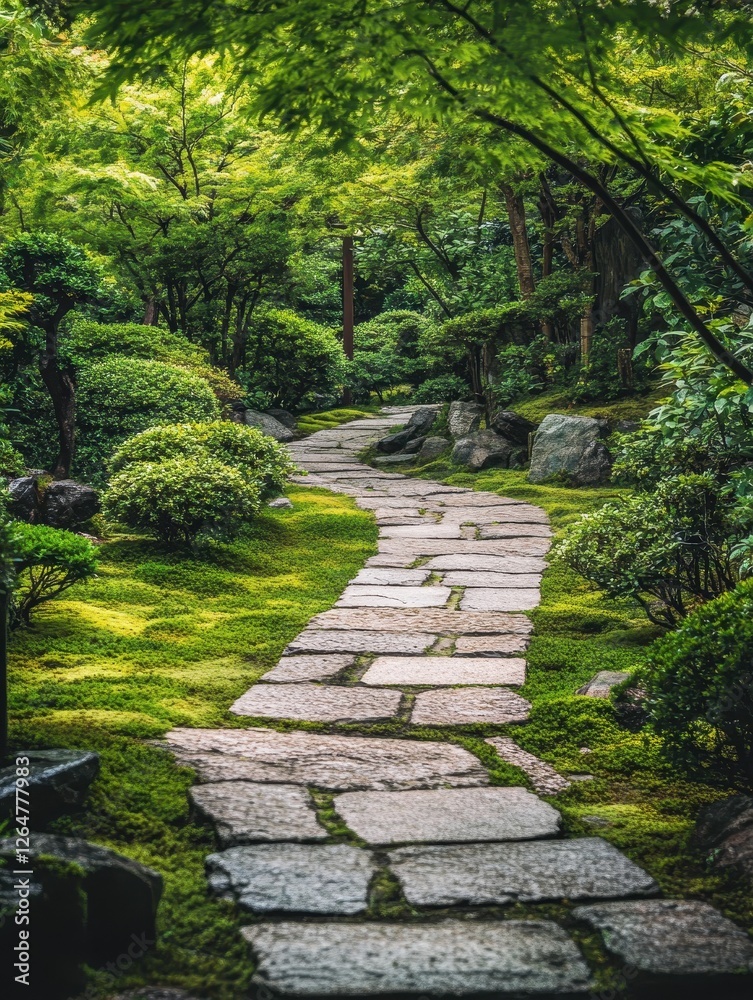 Serene stone path winds through a lush green garden landscape Serene stone path winds through a lush green garden landscape