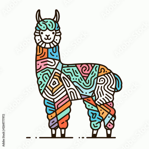 Colorful Alpaca Line Art: A vibrant and playful illustration of an alpaca adorned with a colorful geometric pattern, boasting a unique and modern aesthetic.